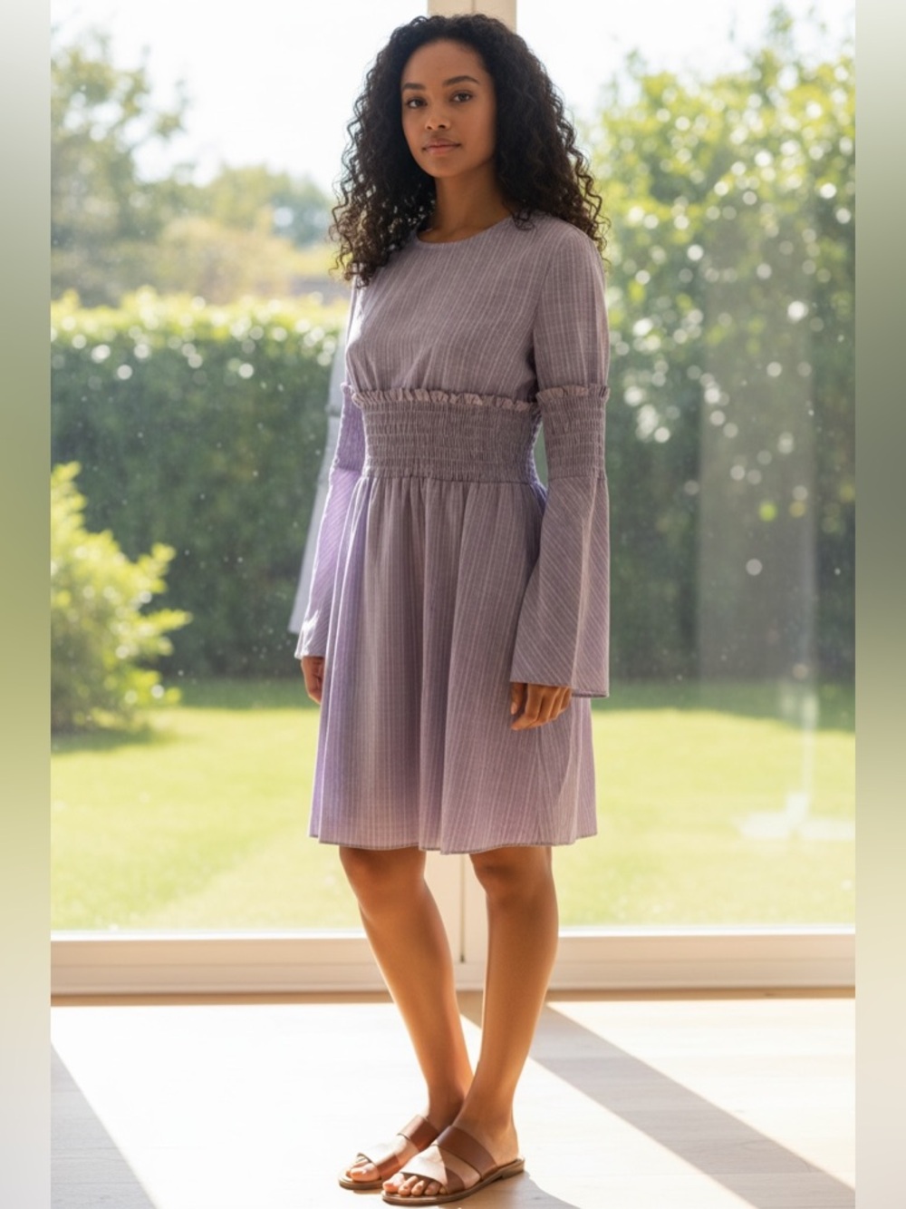 Anthropologie Sunday in Brooklyn  Lavender Smocked-Waist Long-SleeveDress